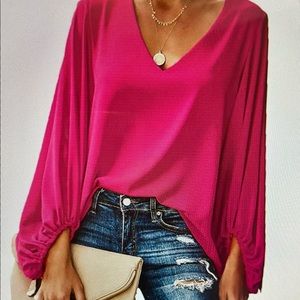 Women’s Fuschia V-Neck Chiffon Blouse with balloon sleeves. NWT